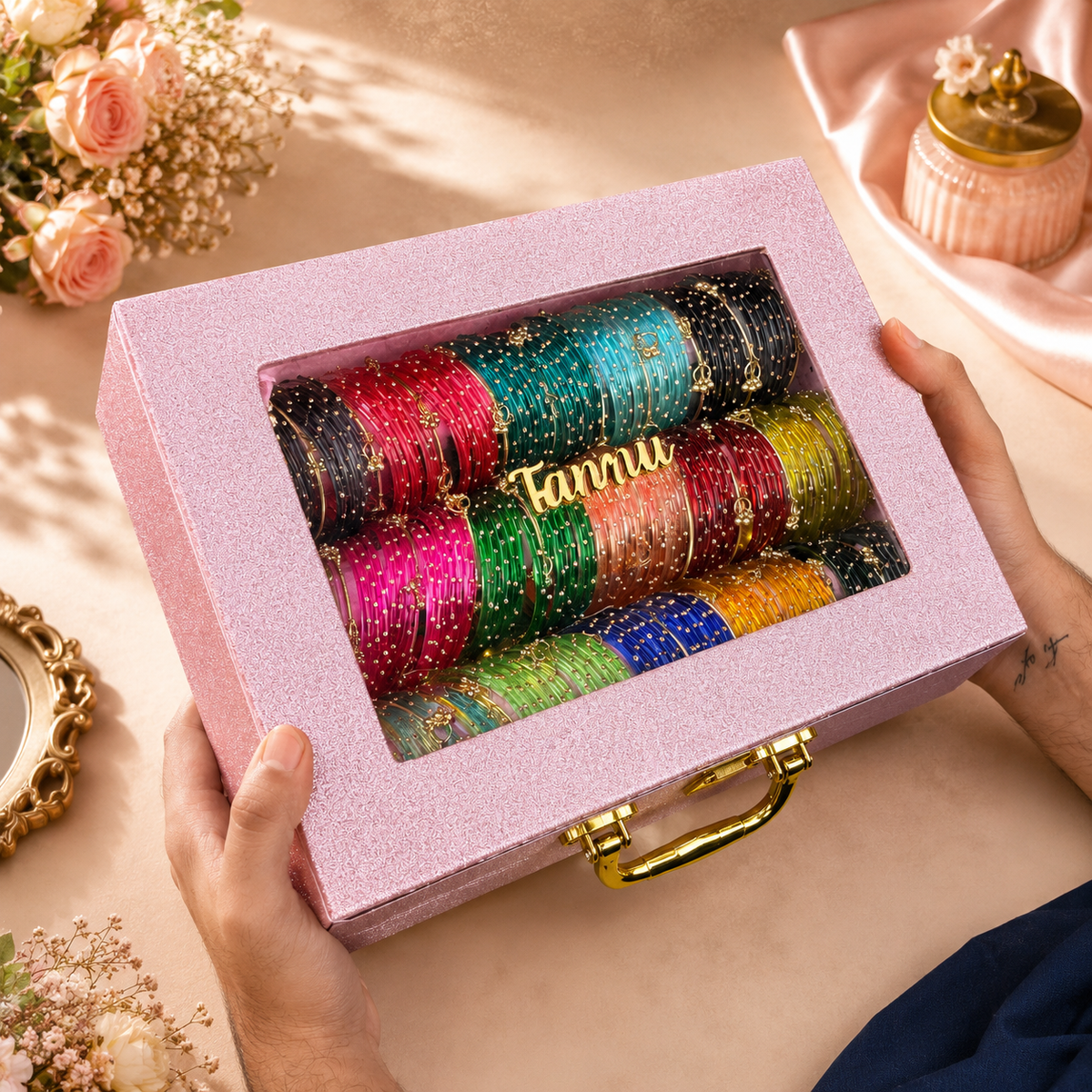 Premium Bangle Box With Name (180 Bangles + 33 Ghungroo Bangles +
