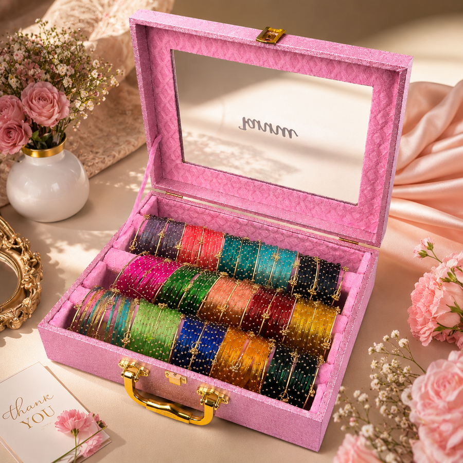 Premium Bangle Box With Name (180 Bangles + 33 Ghungroo Bangles + Light)