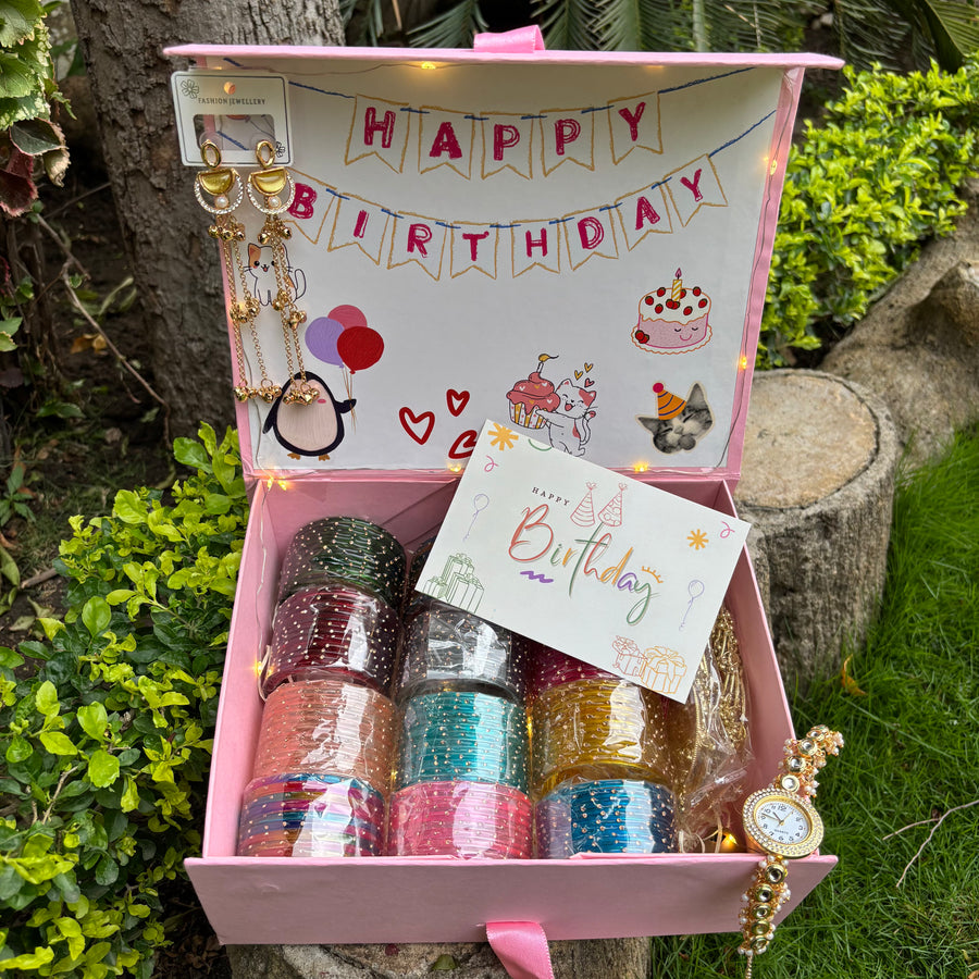 Kashmiri Birthday Hamper For Her ( 144 diamond bangles + 16 ghungroo bangles + 1 set kashmiri jhumka + 1 kashmiri watch + birthday card)