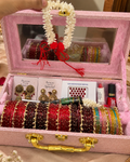 Karwachauth Special Premium Hamper With Name ( 60 diamond bangles + 11 Heavy Ghungroo Bangles + Bindi + Mehndi + Nail Paint + 2 jhumka + Sindur + Lipstick + Gajra + Kajal )