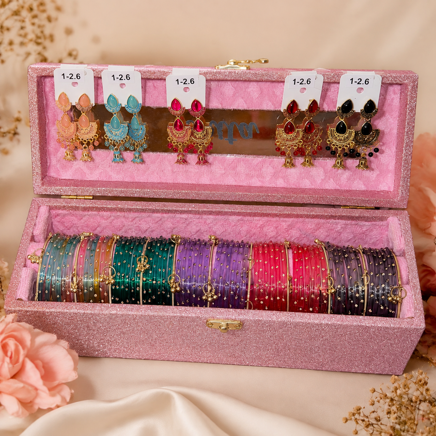Premium Bangle box With Colorful Jhumkas ( 60 Diamond Bangles + 10 Ghungrro Bangles + 5 colorful Jhumka )