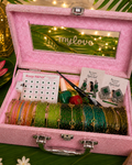 Sawan Special Premium Hamper With Name ( 60 diamond bangles + 11 Ghungroo Bangles + Bindi + Mehndi + Nail Paint + 2 jhumka + Sindur + Light )