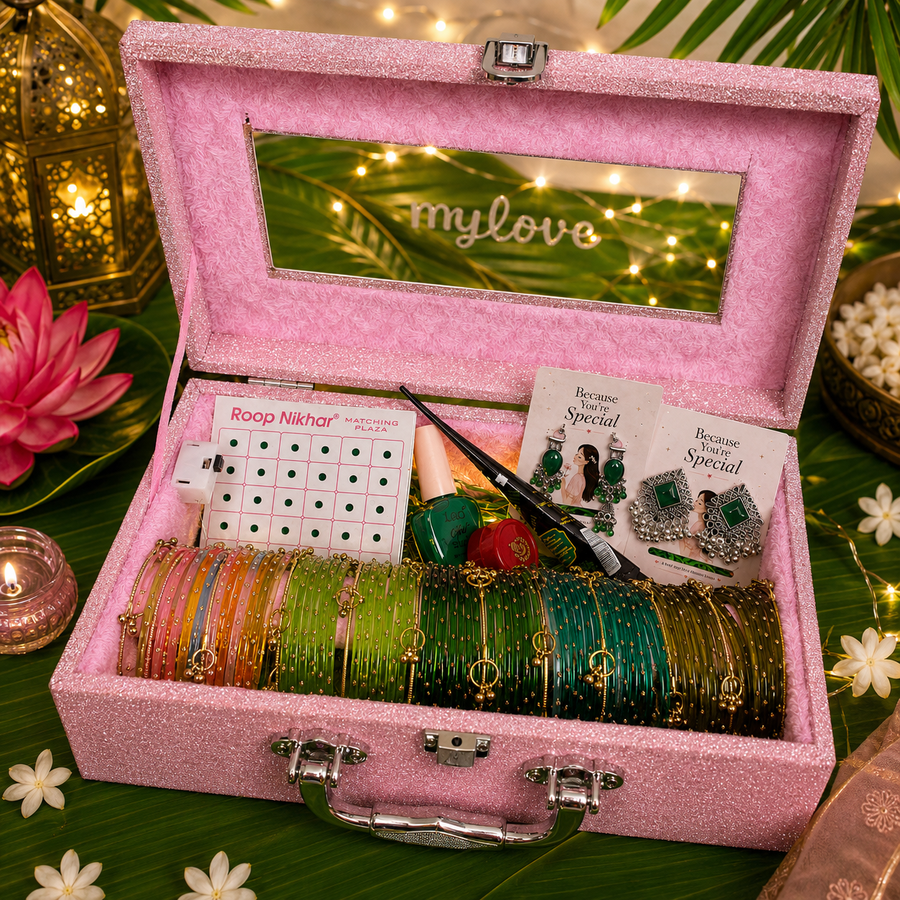 Sawan Special Premium Hamper With Name ( 60 diamond bangles + 11 Ghungroo Bangles + Bindi + Mehndi + Nail Paint + 2 jhumka + Sindur + Light )