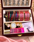 Shahi Jewellery Hamper- Royal Velvet Jewelry Gift Box with 9 Jhumke, 24 Glass Bangles, 5 Ghungroo Bangles, Necklace, Kashmiri Watch And Perfume