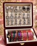 Shahi Jewellery Hamper- Royal Velvet Jewelry Gift Box with 9 Jhumke, 24 Glass Bangles, 5 Ghungroo Bangles, Necklace, Kashmiri Watch And Perfume