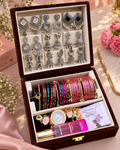 Shahi Jewellery Hamper- Royal Velvet Jewelry Gift Box with 9 Jhumke, 24 Glass Bangles, 5 Ghungroo Bangles, Necklace, Kashmiri Watch And Perfume
