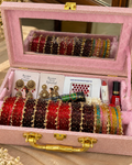 Karwachauth Special Premium Hamper With Name ( 60 diamond bangles + 11 Heavy Ghungroo Bangles + Bindi + Mehndi + Nail Paint + 2 jhumka + Sindur + Lipstick + Gajra + Kajal )