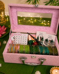 Sawan Special Premium Hamper With Name ( 60 diamond bangles + 11 Ghungroo Bangles + Bindi + Mehndi + Nail Paint + 2 jhumka + Sindur + Light )
