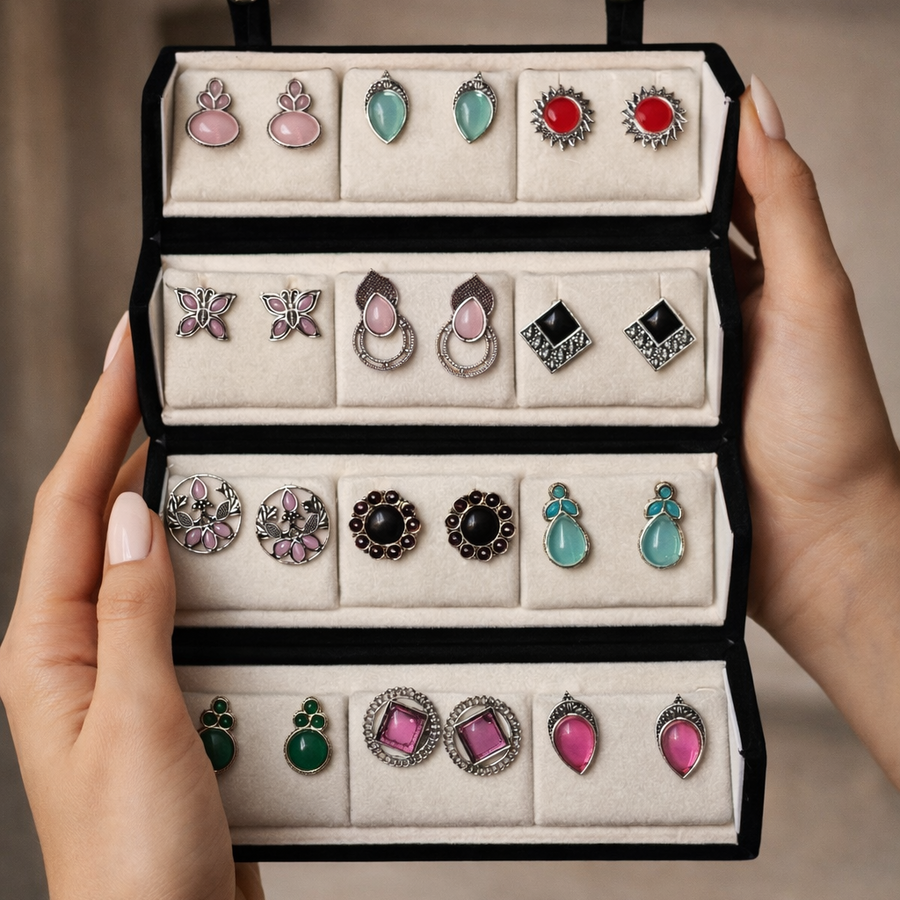 Set Of 12 Oxidized Stud Earrings With Premium  Jewelry Box